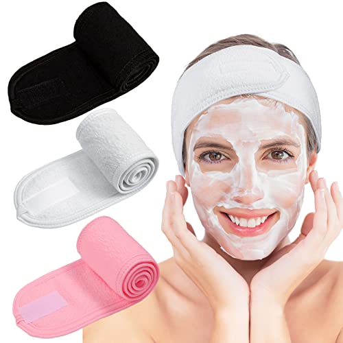 Whaline Spa Facial Headband Make Up Wrap Head Terry Cloth Headband Adjustable Towel for Face Washing,Shower, 3 Pieces (White, Black, Gray)