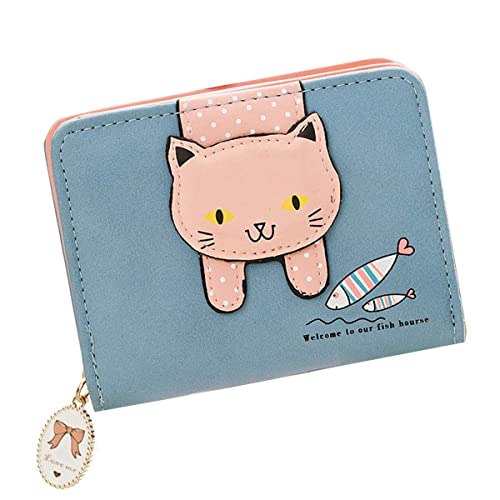 Portefeuille en similicuir pour filles et femmes, petit, mignon, motif chat, pochette, porte-monnaie, organisateur de cartes, pliable (bleu)