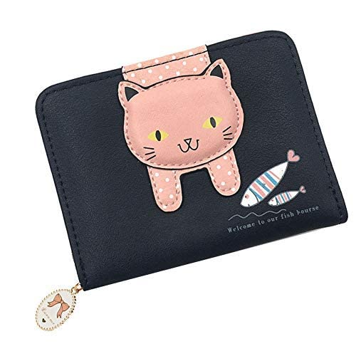 Portefeuille en similicuir pour filles et femmes, petit, mignon, motif chat, pochette, porte-monnaie, organisateur de cartes, pliable (bleu)