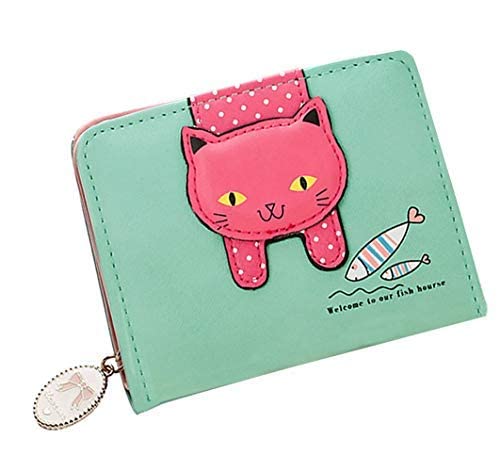 Portefeuille en similicuir pour filles et femmes, petit, mignon, motif chat, pochette, porte-monnaie, organisateur de cartes, pliable (bleu)