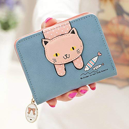 Portefeuille en similicuir pour filles et femmes, petit, mignon, motif chat, pochette, porte-monnaie, organisateur de cartes, pliable (bleu)