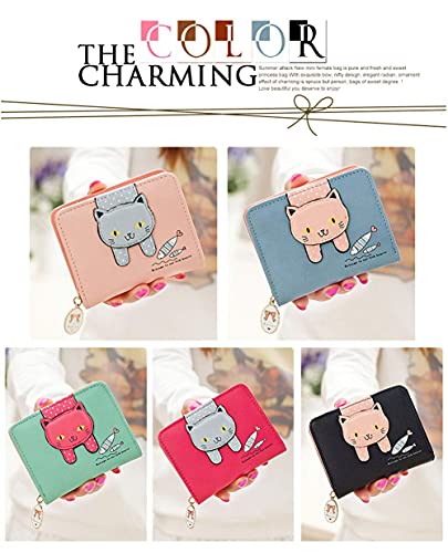 Portefeuille en similicuir pour filles et femmes, petit, mignon, motif chat, pochette, porte-monnaie, organisateur de cartes, pliable (bleu)