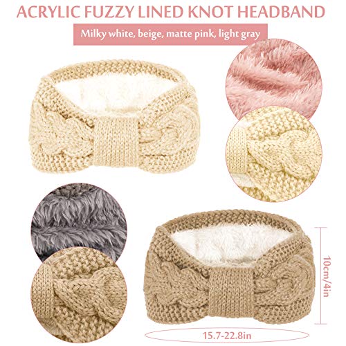 Whaline 4 Pack Twisted Knit Headbands Winter Knotted Head Wraps Fuzzy Lined Headband Thick Crochet Turban Ear Warmer Elastic Hair Band Accessories for Girls Women