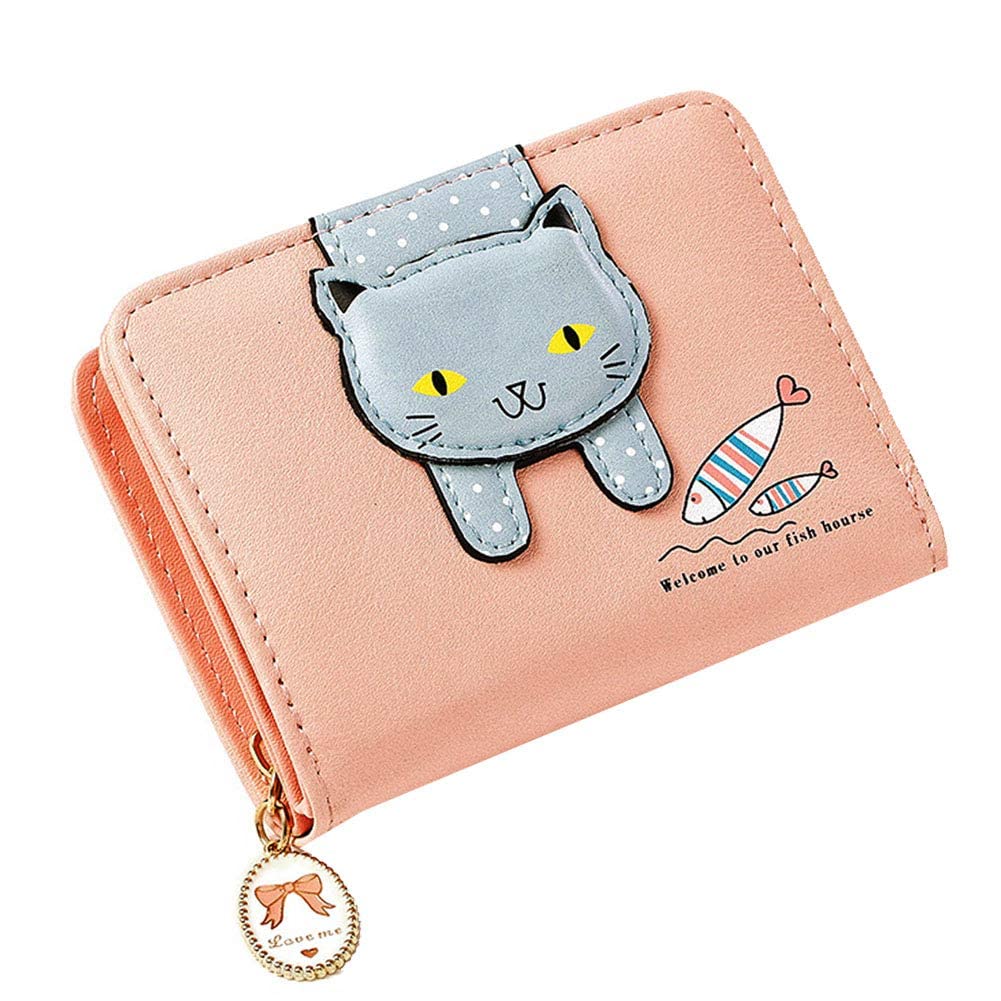 Portefeuille en similicuir pour filles et femmes, petit, mignon, motif chat, pochette, porte-monnaie, organisateur de cartes, pliable (bleu)