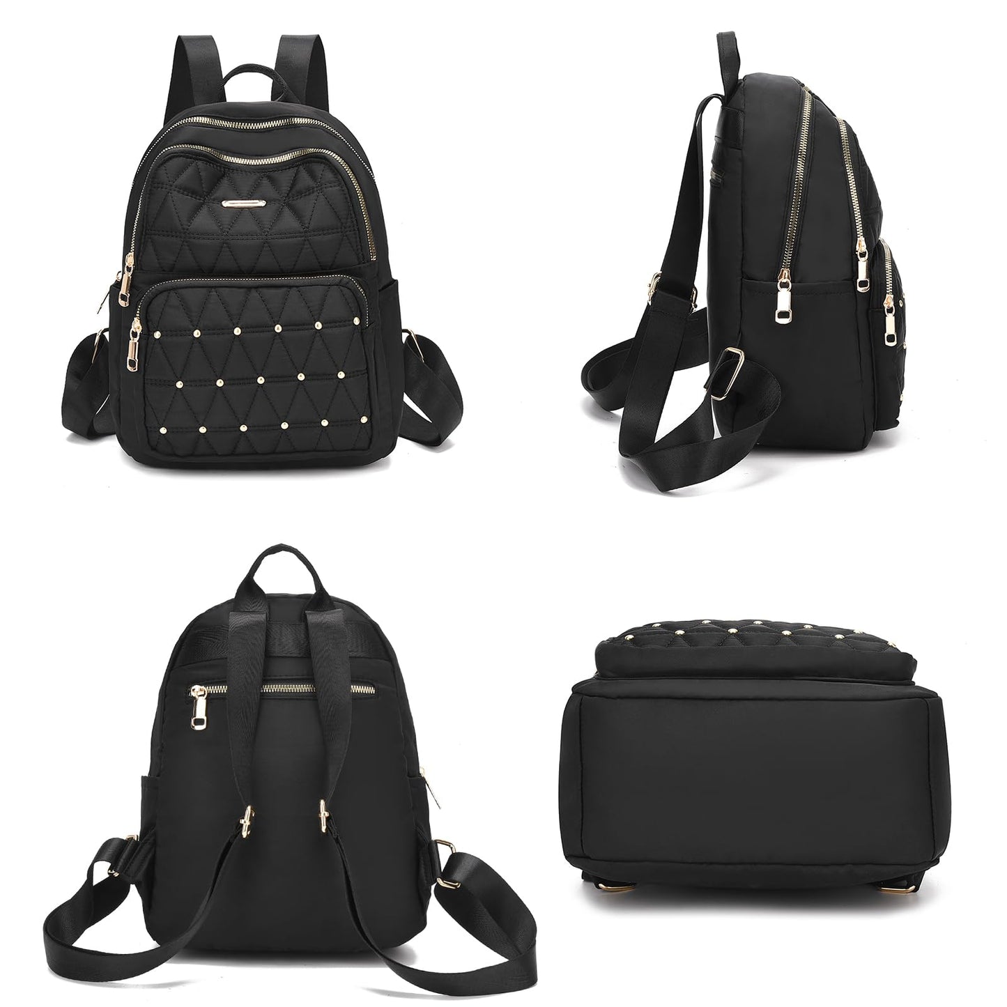 I IHAYNER Mini sac à dos pour femme en nylon Sac à main de voyage Sac à bandoulière pour l'université Travail Décontracté Sac à dos léger avec rivets pour femme Noir