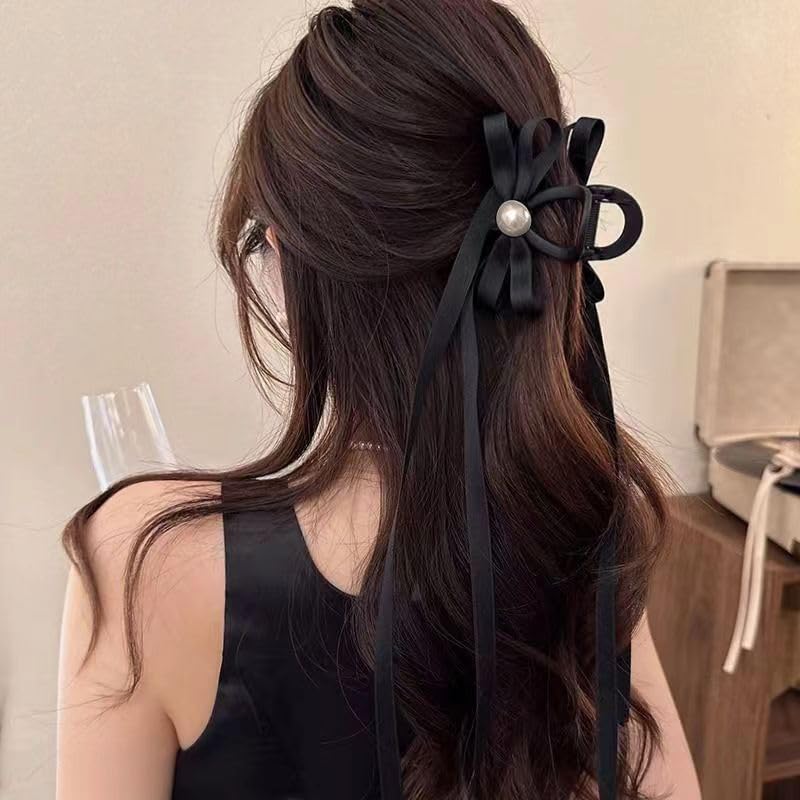 Women's Large Hair Accessories - Cute Bow-knot Clips, Long Tail Barrettes, Tassel Ribbon Claws, and Non-Slip Clamps in Black, Brown, and White