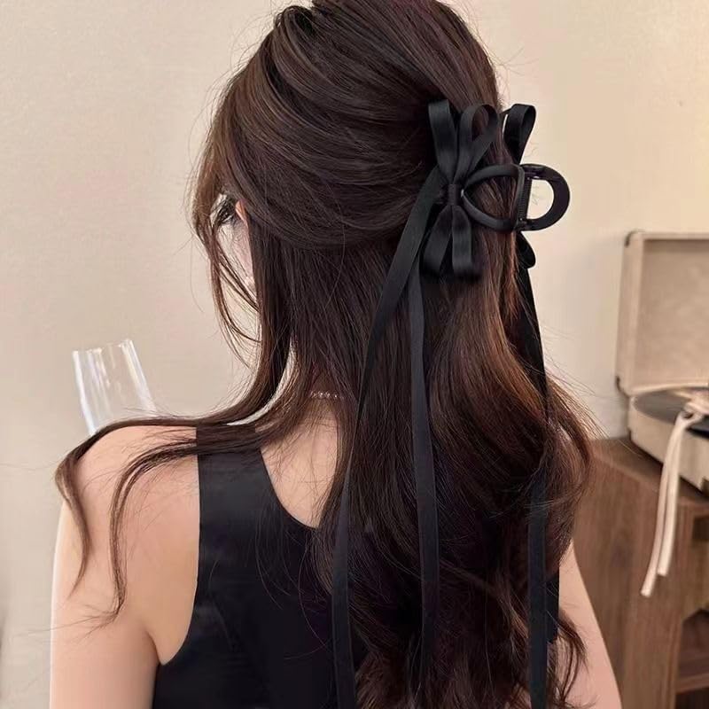 Women's Large Hair Accessories - Cute Bow-knot Clips, Long Tail Barrettes, Tassel Ribbon Claws, and Non-Slip Clamps in Black, Brown, and White