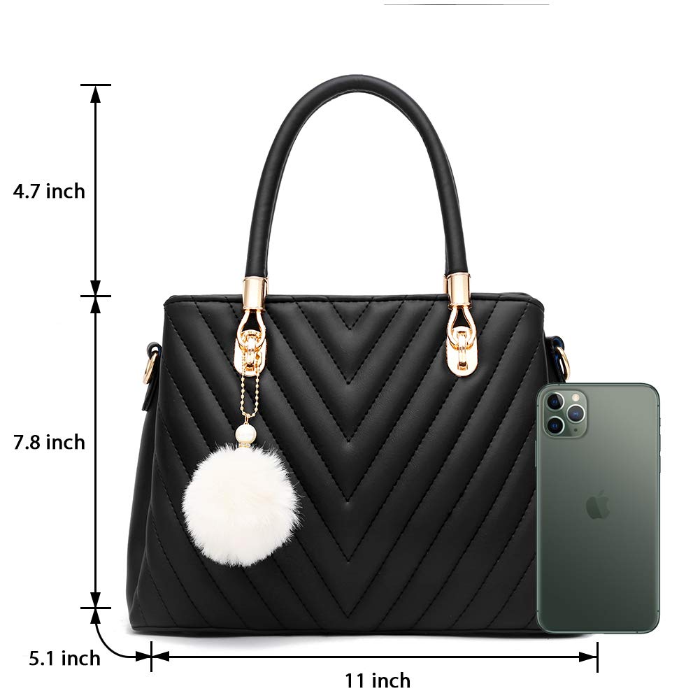 Womens Fashion Leather Handbags Quilted Purses Top-handle Totes Satchel Bag for Ladies Shoulder Bag for Women with Pompom