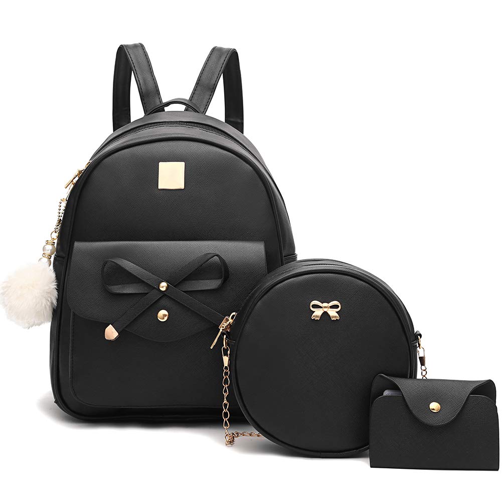 I IHAYNER Sac à dos en cuir tendance avec nœud papillon pour filles, 3 pièces, sac à dos pour femmes, sac à bandoulière 