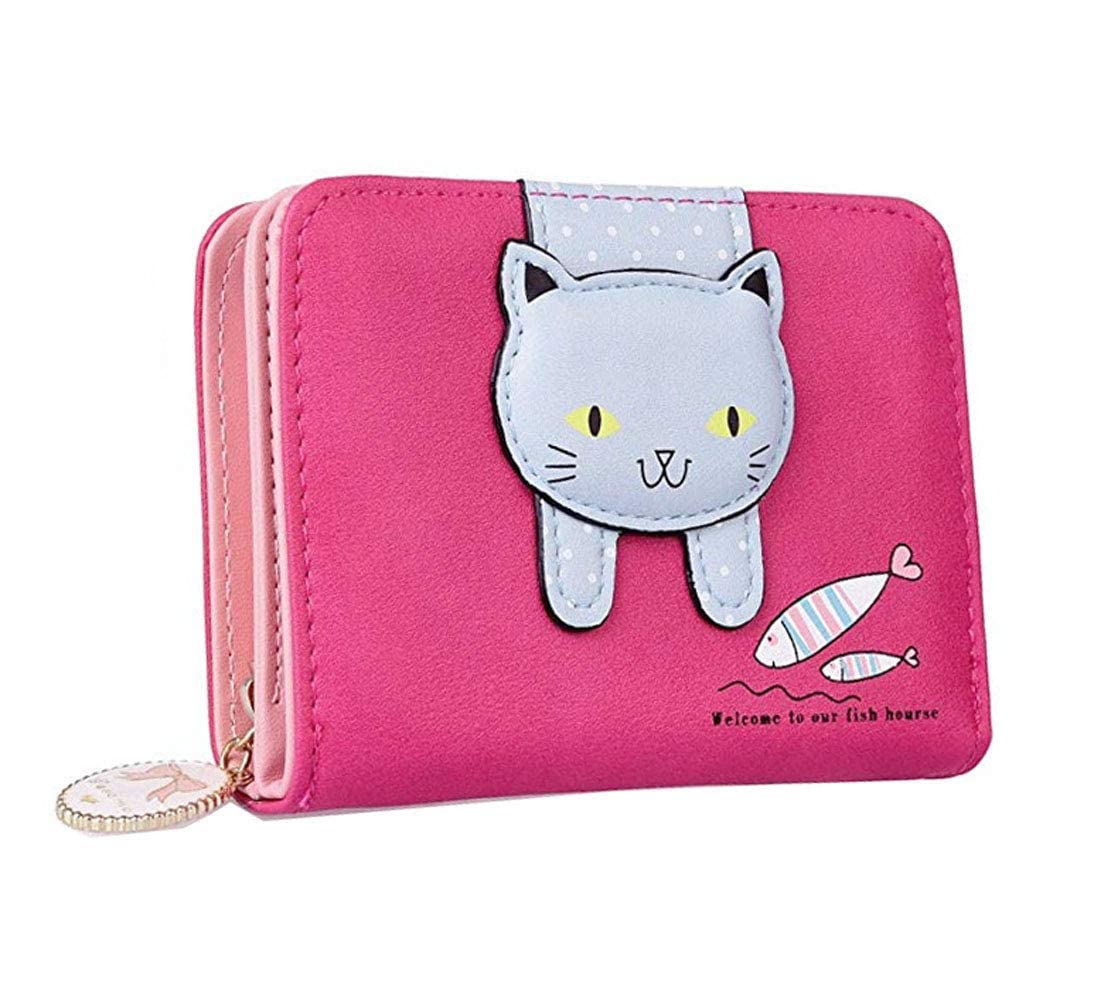 Portefeuille en similicuir pour filles et femmes, petit, mignon, motif chat, pochette, porte-monnaie, organisateur de cartes, pliable (bleu)