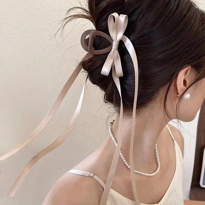 Women's Large Hair Accessories - Cute Bow-knot Clips, Long Tail Barrettes, Tassel Ribbon Claws, and Non-Slip Clamps in Black, Brown, and White