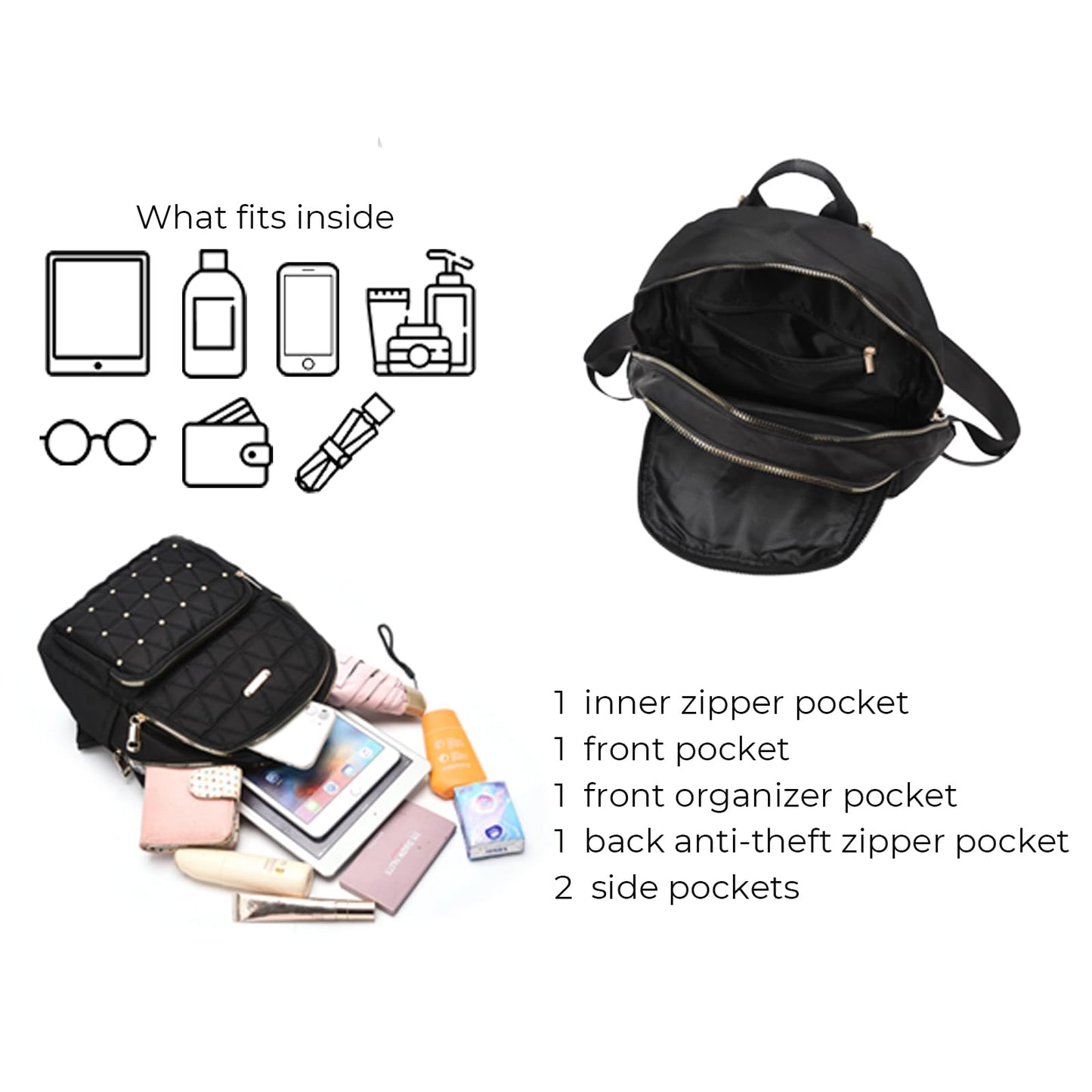 I IHAYNER Mini sac à dos pour femme en nylon Sac à main de voyage Sac à bandoulière pour l'université Travail Décontracté Sac à dos léger avec rivets pour femme Noir