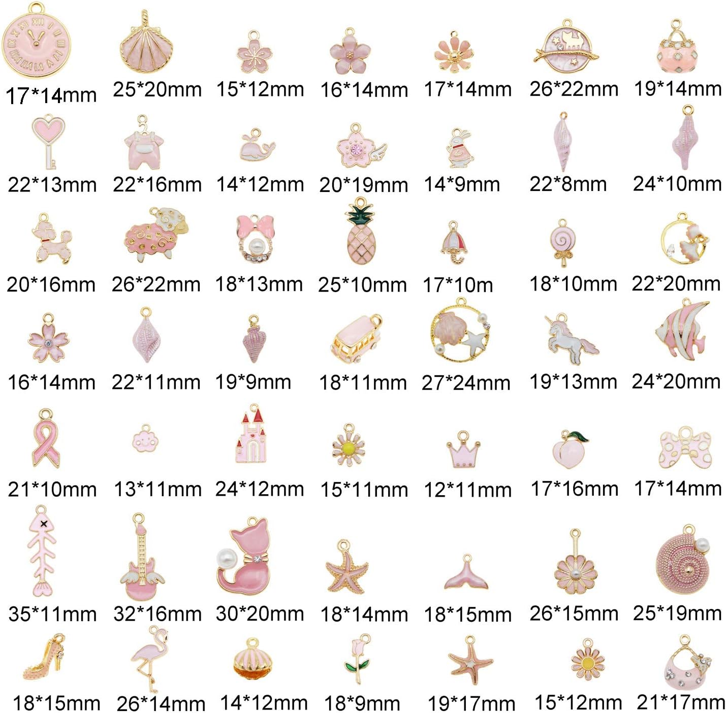 40pcs(20PAIRS) Assorted Gold Plated Enamel Animals Fruit Moon Star Dainty Dangle Flowers Pendants Charms for Jewelry Making Necklace Bracelet, Pink Theme