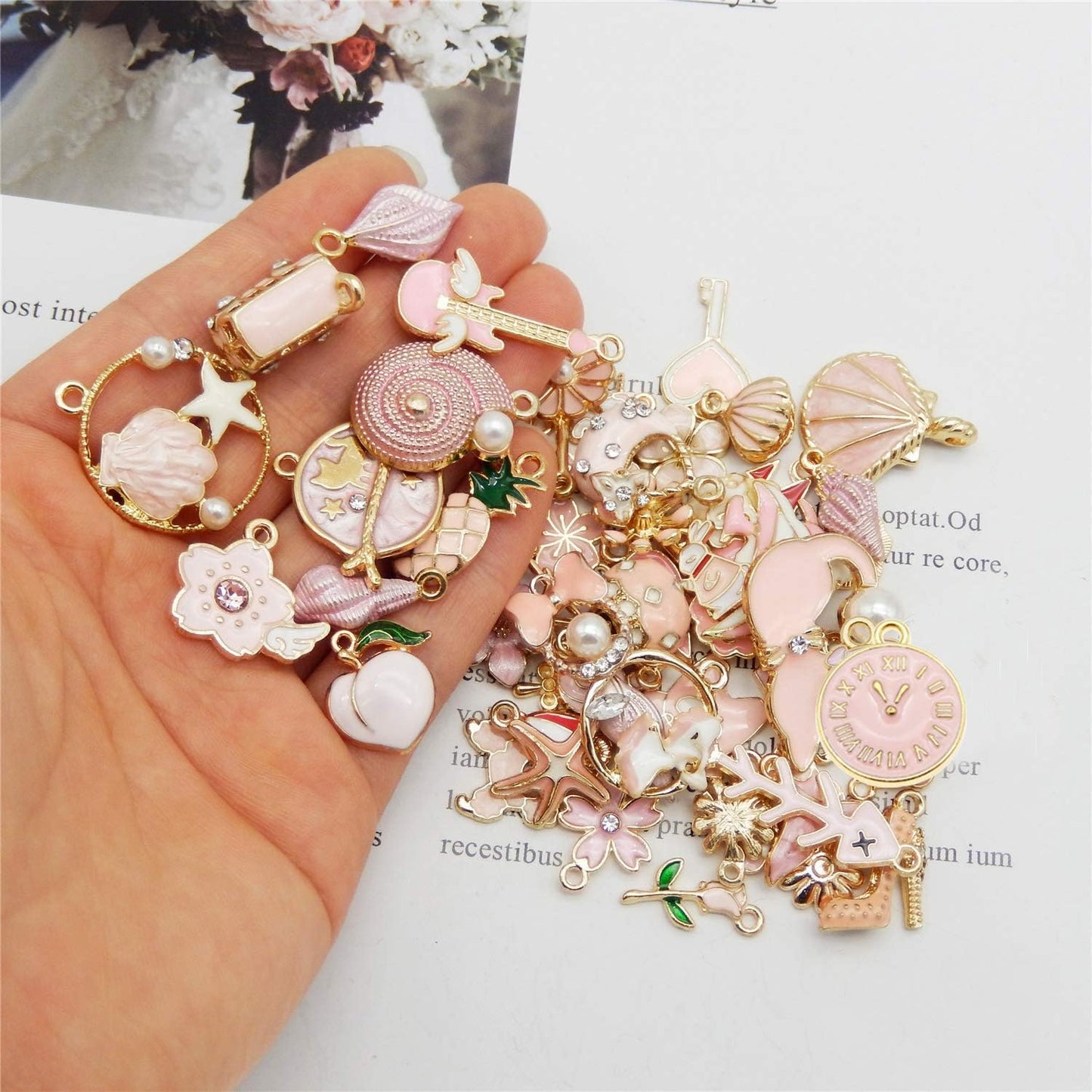 40pcs(20PAIRS) Assorted Gold Plated Enamel Animals Fruit Moon Star Dainty Dangle Flowers Pendants Charms for Jewelry Making Necklace Bracelet, Pink Theme