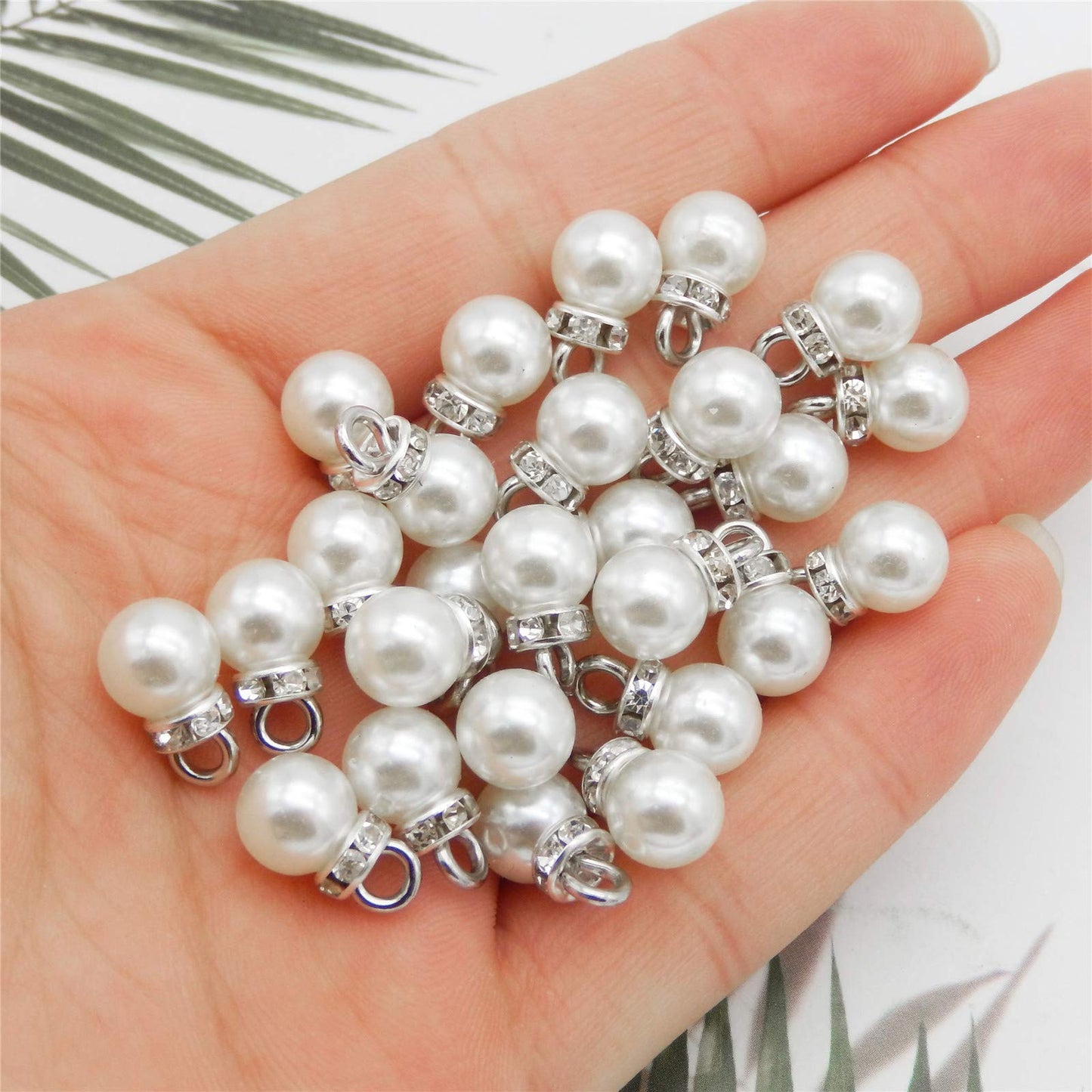 100pcs 8mm White Imitation Pearl Charms Pendants Faux Pearl Beads Charms with Rhinestone for Dangle Earrings Necklace Jewelry Making