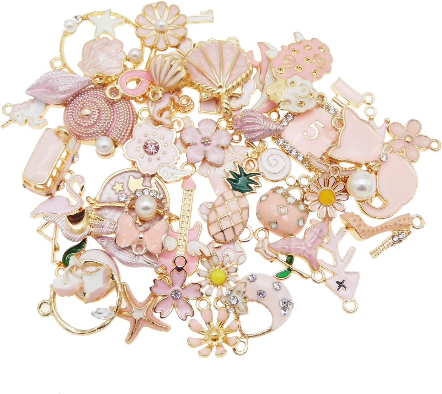 40pcs(20PAIRS) Assorted Gold Plated Enamel Animals Fruit Moon Star Dainty Dangle Flowers Pendants Charms for Jewelry Making Necklace Bracelet, Pink Theme