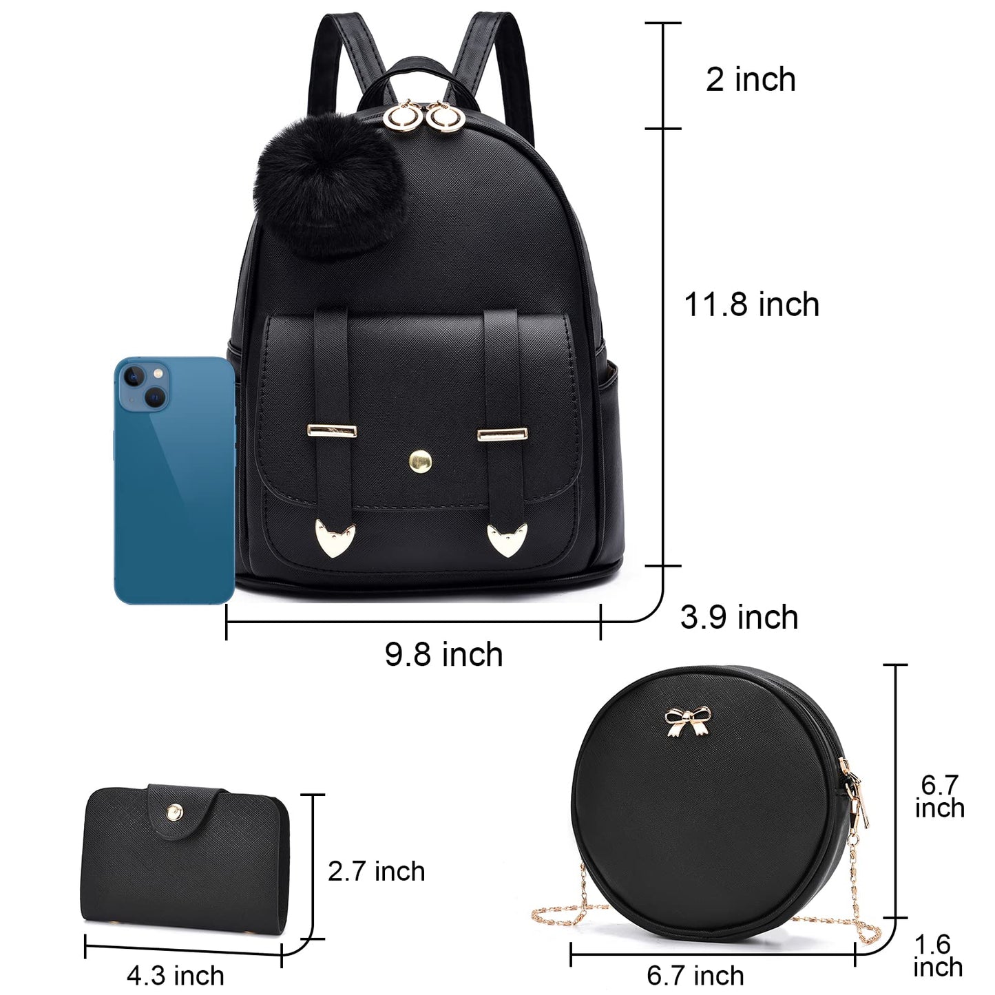 I IHAYNER Mini Backpack Purse for Teen Girls 3-PCS Fashion Backpack Cute Travel Daypacks Women Pompom Backpack Shoulder Bag