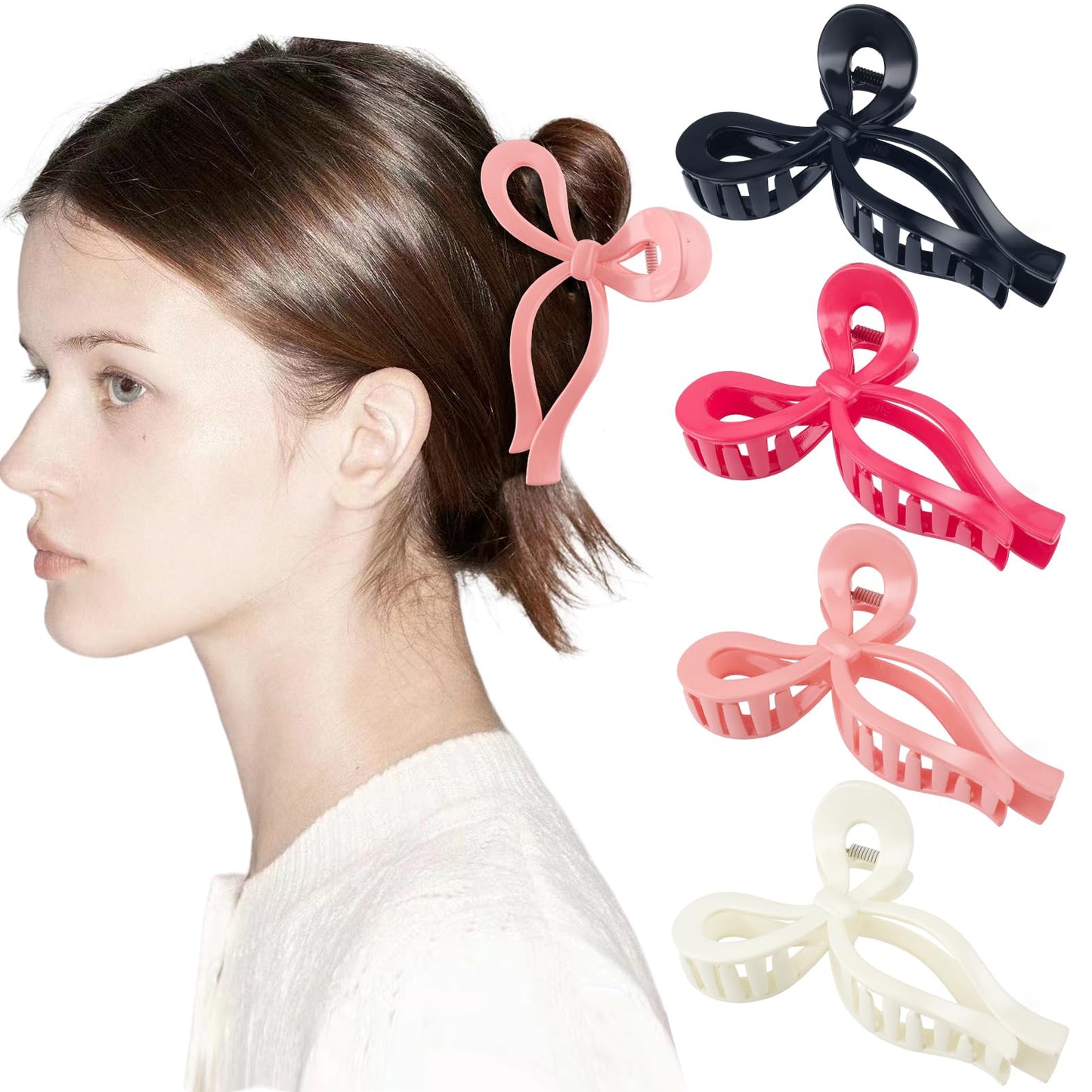 4Pcs Bow Hair Claw Clips for Women Girls Cute Extra Large Claw Clips Off White Brown Pink Grey Ribbon Hair Bows for Thick Thin Long Short Curly Hair Clips Claws Clamps Accessories Styling Gift