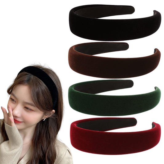 4Pcs Velvet Wide Headbands for Women Soft Headbands No Slip Headband Fashion Black Red, Brown and Green Headband Thin Hair Accessories for Women Girls Christmas Gifts