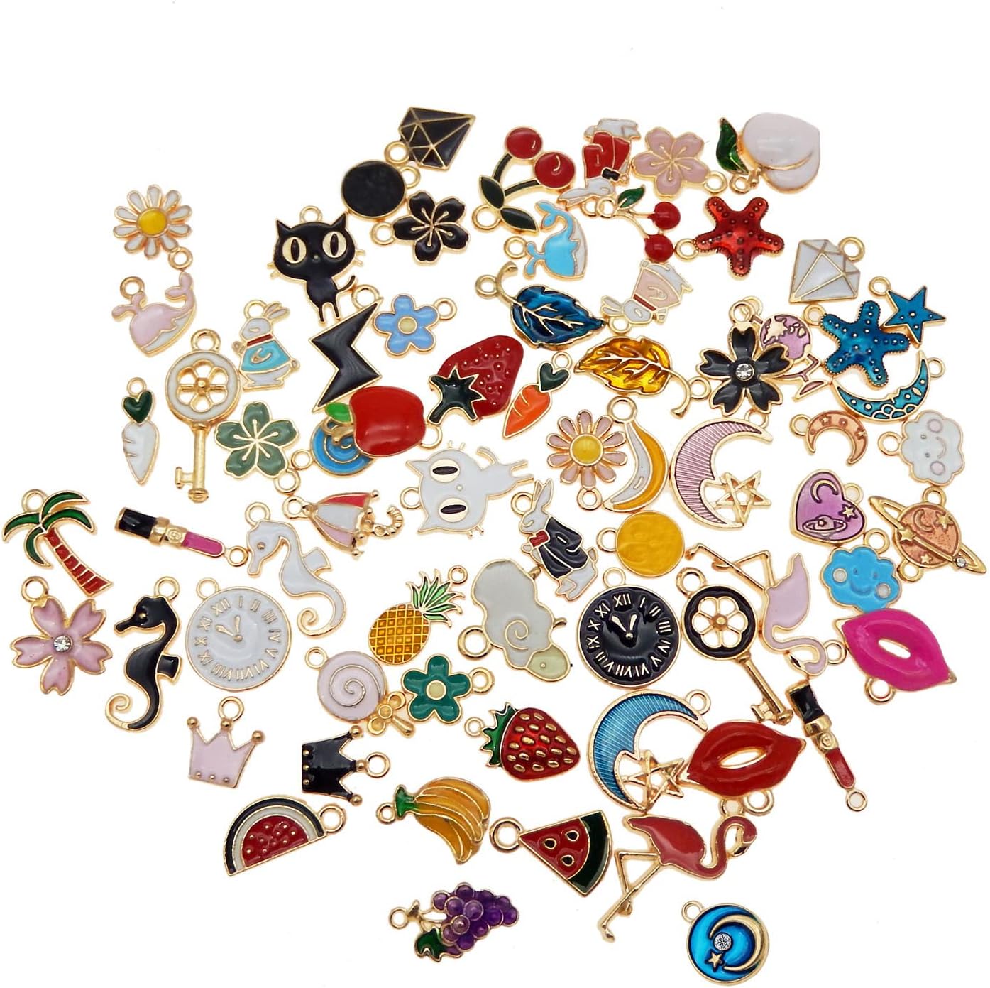 JJG Lot de 60 pendentifs en émail plaqué or assortis en forme de lune, d'étoile, d'animaux, de fruits, de fleurs, pour boucles d'oreilles, fabrication de bijoux, colliers, bracelets 