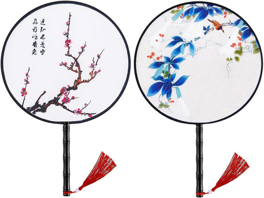 Whaline 2 Pack Chinese Round Fan, Ancient Hand Fan, Translucent Silk Hand Held Fan, Pink Blue Traditional Palace Paddle Dance Fan, Vintage Double-Sided Pattern Fan For Wedding Favor Gift Home Decor