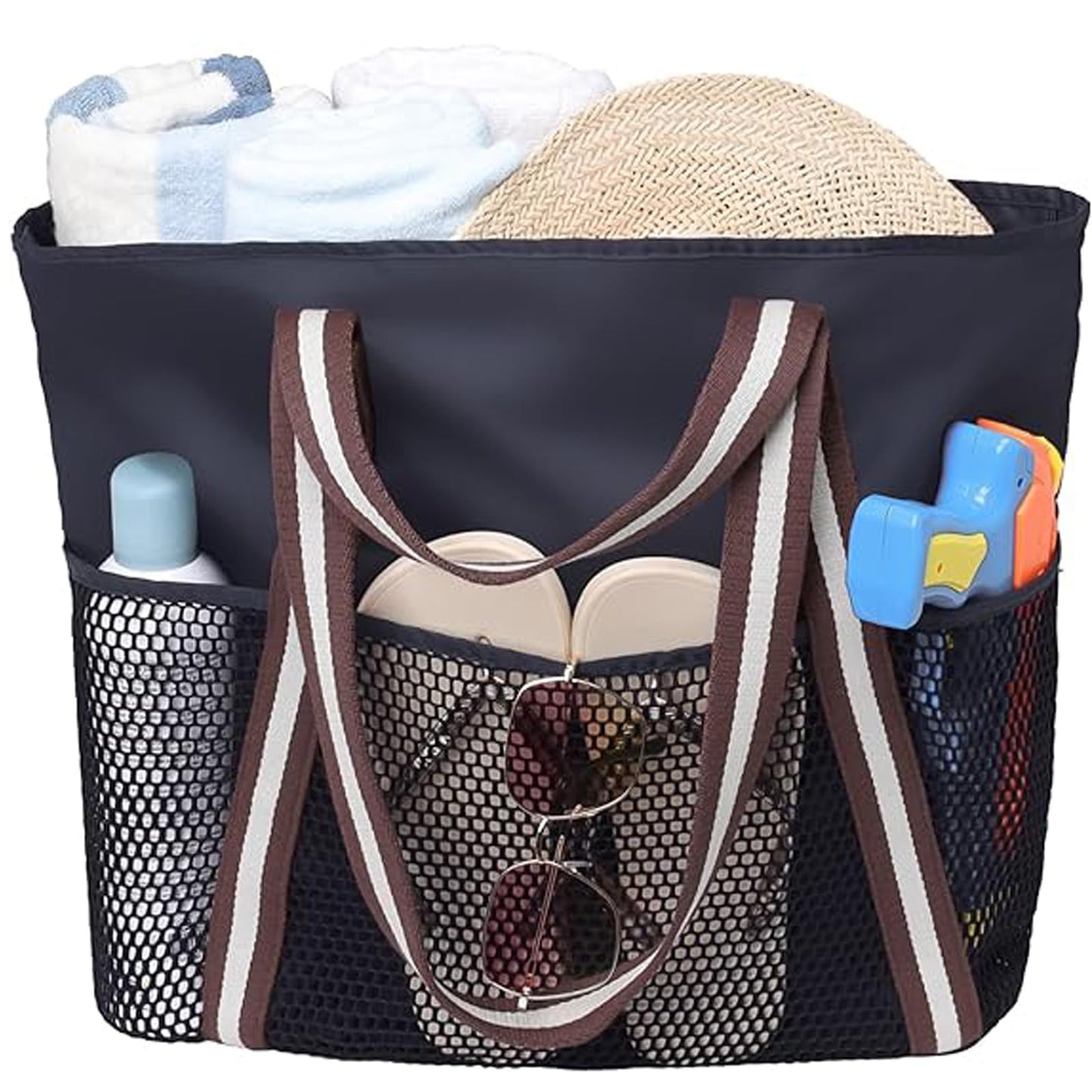 I IHAYNER Sacs de plage en maille pour femmes Grand sac de piscine Sac fourre-tout en maille avec fermeture éclair pour jouets Essentiels de vacances Plage Voyage Quotidien