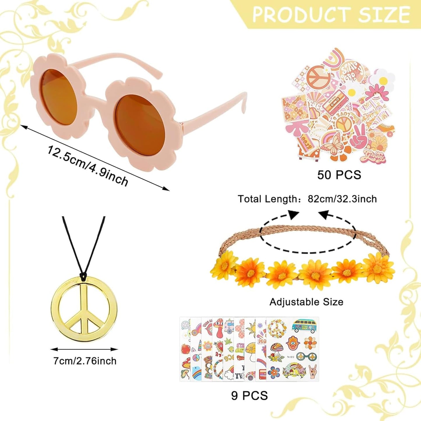 Whaline 77Pcs Groovy Hippie Party Accessories Daisy Flower Headbands Hippie Round Flower Glasses Peace Sign Necklace Temporary Tattoos for Retro Boho Costume Accessories Kids 60s 70s Party Gifts