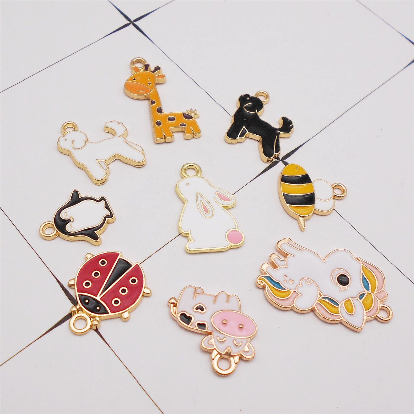 JJG 18pcs(9PAIRS) Assorted Gold Plated Enamel Dog Penguin Giraffe Dainty Dangle Cute Animals Charms for Jewelry Making Necklace Bracelet