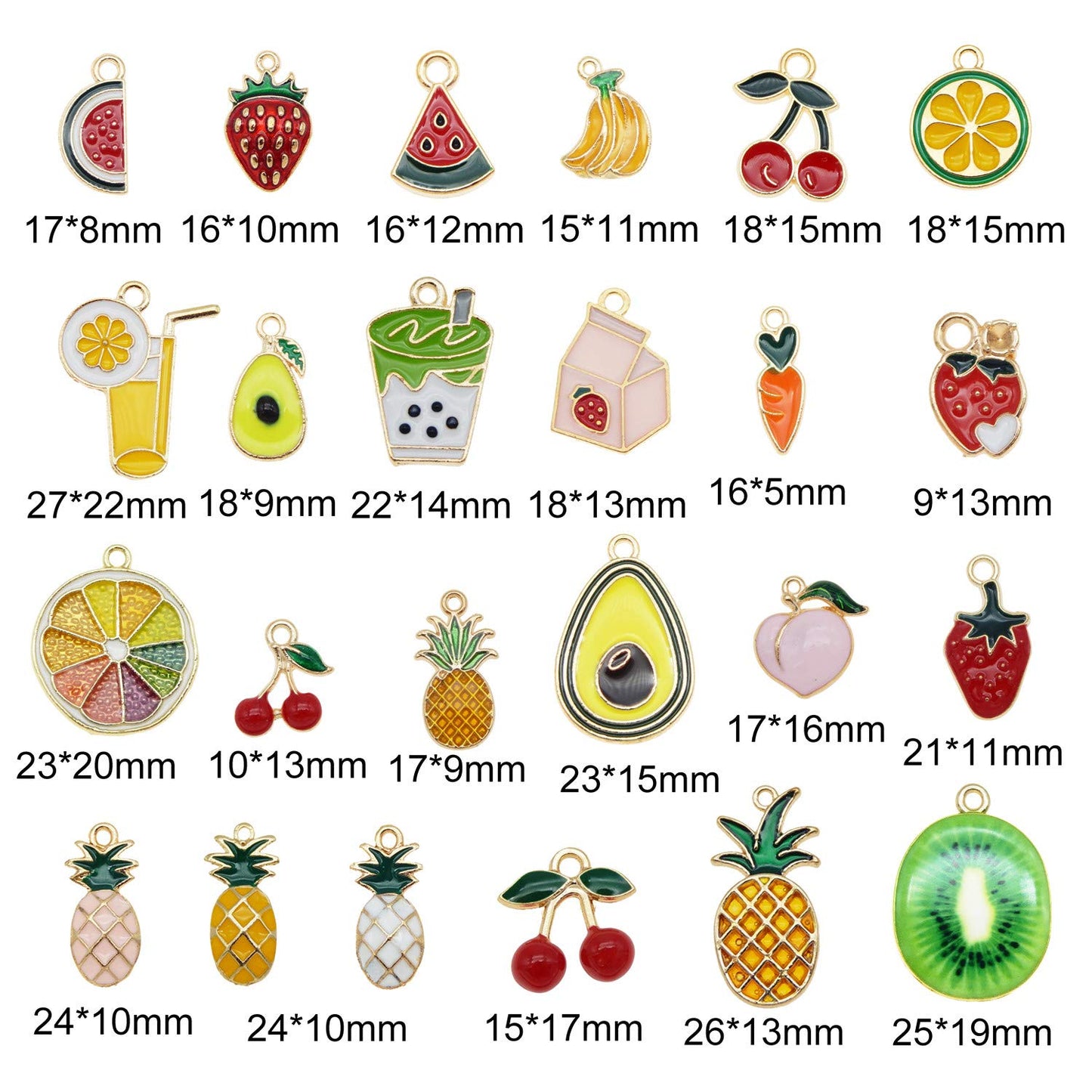 JJG 48pcs Gold Plated Enamel Cherry Lemon Drinks Dainty Dangle Fruits Charms Pendant for Earrings Jewelry Making Necklace Bracelet Craft Findings