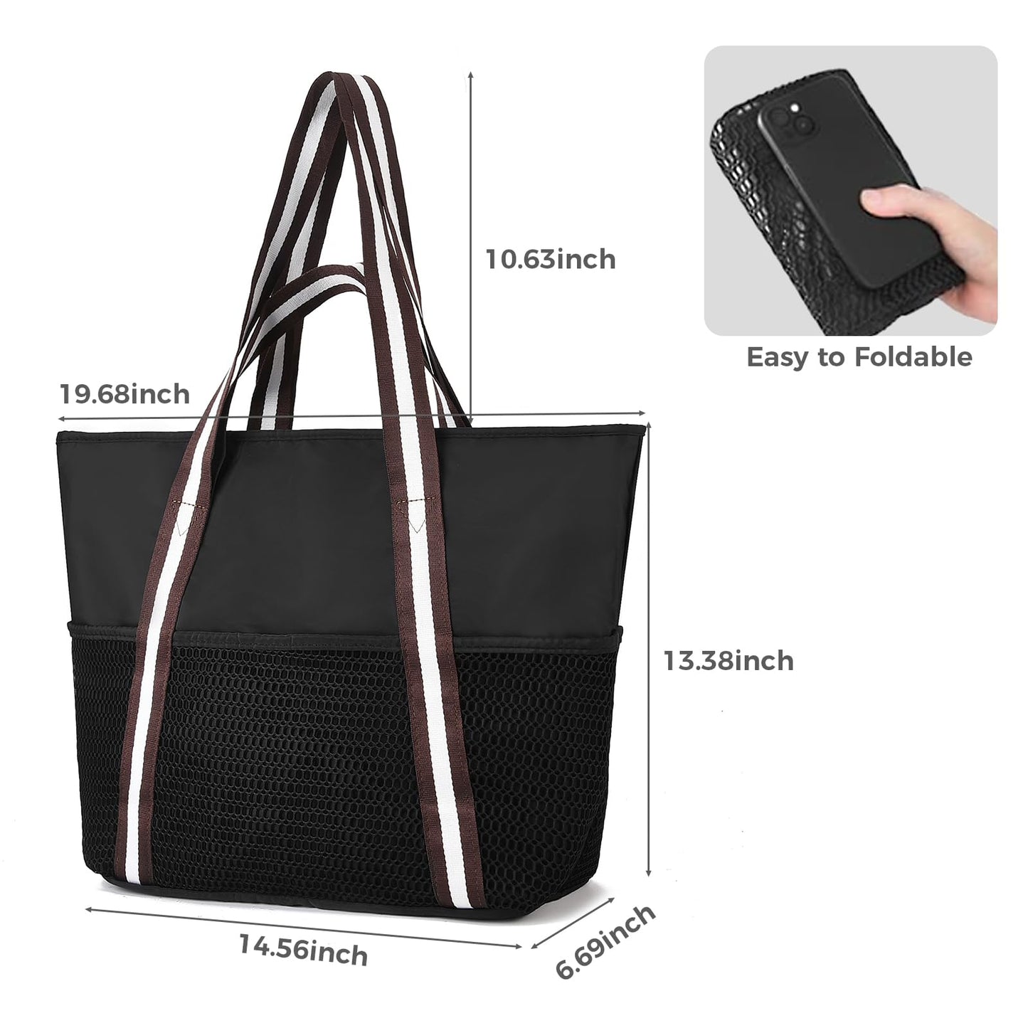 I IHAYNER Sacs de plage en maille pour femmes Grand sac de piscine Sac fourre-tout en maille avec fermeture éclair pour jouets Essentiels de vacances Plage Voyage Quotidien