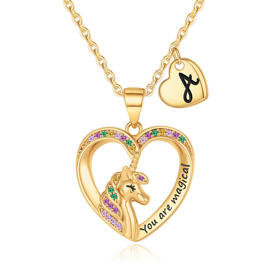 Unicorn Necklaces for Girls, 14K Gold/White Gold/Rose Gold Plated Colorful CZ Heart Pendant Unicorn Necklace Jewelry Toddler Necklaces Letter Initial Necklaces for Teen Girls Unicorn Gifts for Girls