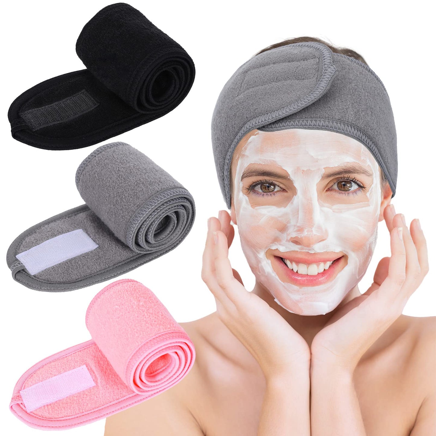 Whaline Spa Facial Headband Make Up Wrap Head Terry Cloth Headband Adjustable Towel for Face Washing,Shower, 3 Pieces (White, Black, Gray)