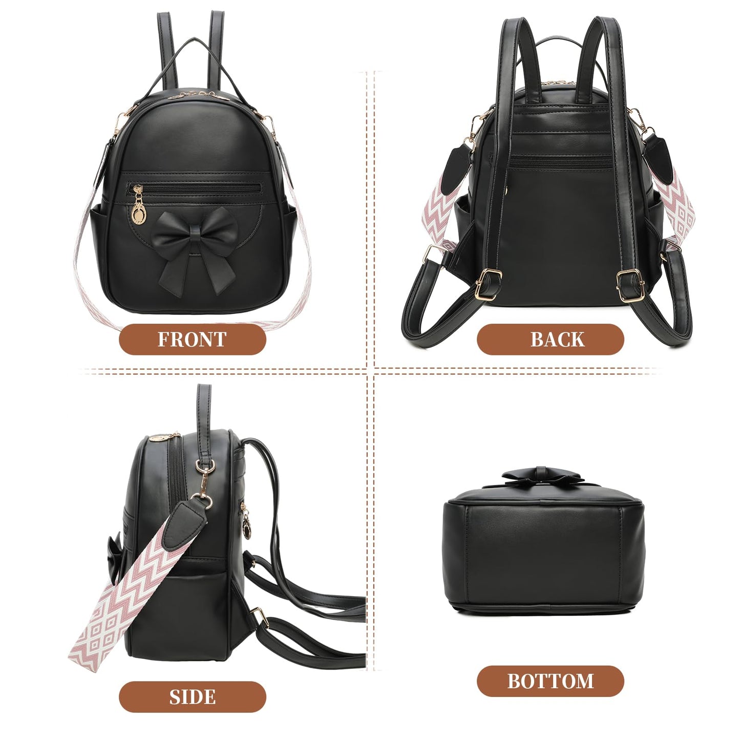 I IHAYNER Mini sac à dos pour filles, joli sac à dos en cuir avec nœud papillon pour filles, petit sac à bandoulière de créateur, sac à main tendance pour femmes, noir pur