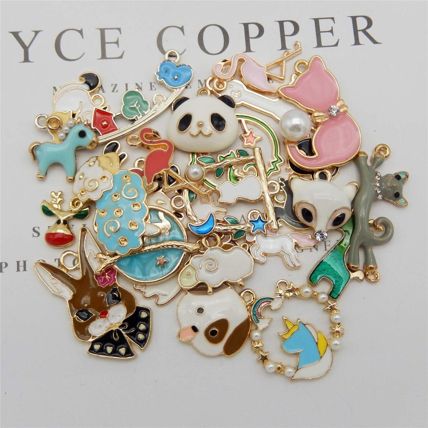 100pcs(50PAIRS) Assorted Animal Enamel Pendants Charms Dog Cat Bee Flamingo Giraffe Unicorn Enamel Charms for Bracelet Earring Necklace Making