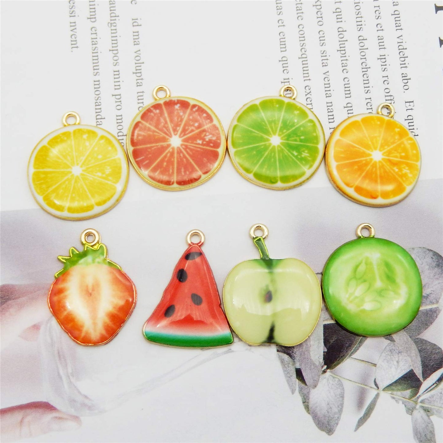 32pcs Assorted Gold Plated Enamel Lemon Watermelon Orange Strawberry Apple Dainty Dangle Fruit Food Charms for Earrings Jewelry Making Necklace Bracelet