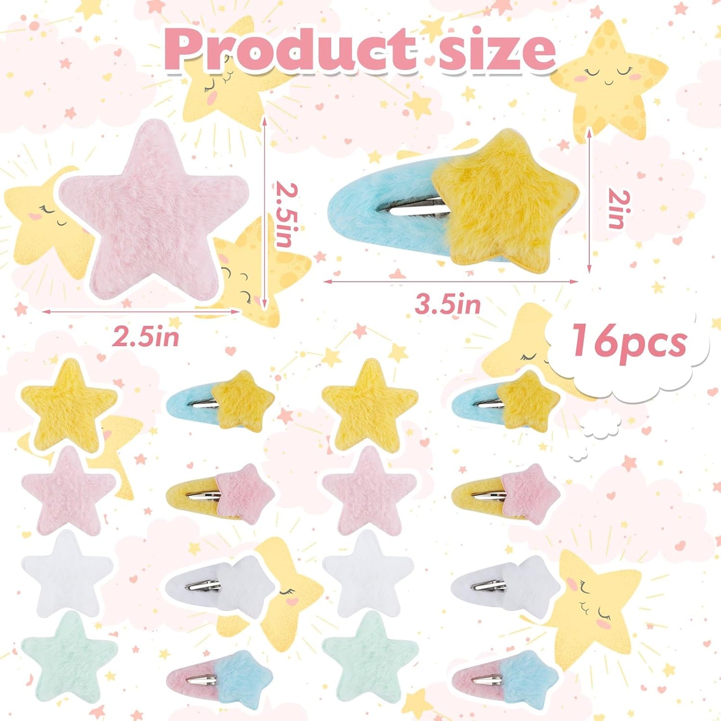 16Pcs Star Hair Clips Y2K Hair Accessories for Women Cute Hair Pins Kawaii Large Snap Hair Clips Non Slip Plush Star Barrettes for Girls Metal Hair Clips for Styling Festival Accessories Gifts