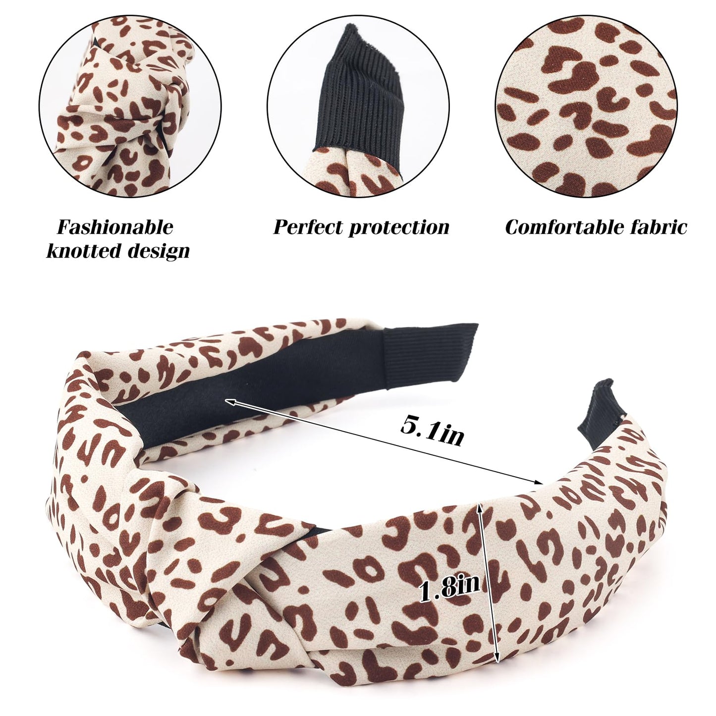 5Pcs Knotted Headband for Women Girls Adult Brown Leopard Hairbands Set Skincare Non Slip Thick Curly Hair Hoop Soft Cute Headwear Cloth Bulk Fancy Fashion Accessories Makeup Spa Washing Face