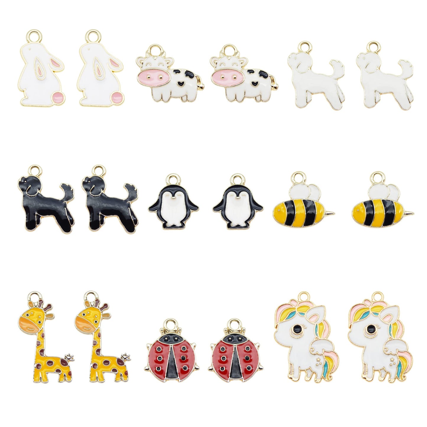 JJG 18pcs(9PAIRS) Assorted Gold Plated Enamel Dog Penguin Giraffe Dainty Dangle Cute Animals Charms for Jewelry Making Necklace Bracelet