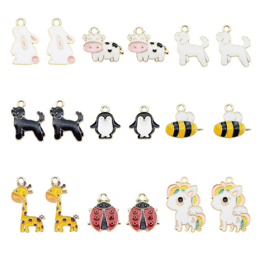 JJG 18pcs(9PAIRS) Assorted Gold Plated Enamel Dog Penguin Giraffe Dainty Dangle Cute Animals Charms for Jewelry Making Necklace Bracelet