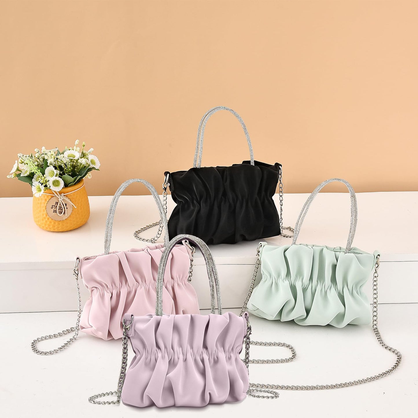 I IHAYNER Women Pleated Clutch Bag Evening Handbag for Parties Soft Vegen Leather Shoulder Bag for Women Chain Crossbody Bag