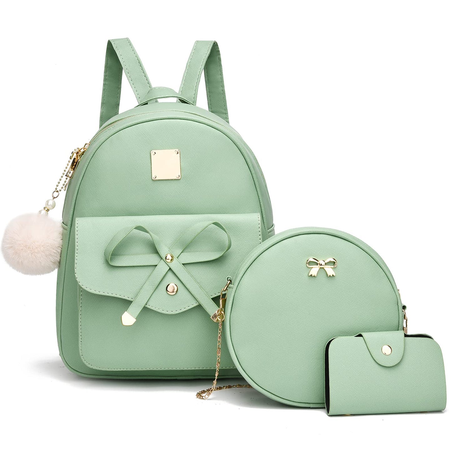 I IHAYNER Sac à dos en cuir tendance avec nœud papillon pour filles, 3 pièces, sac à dos pour femmes, sac à bandoulière 