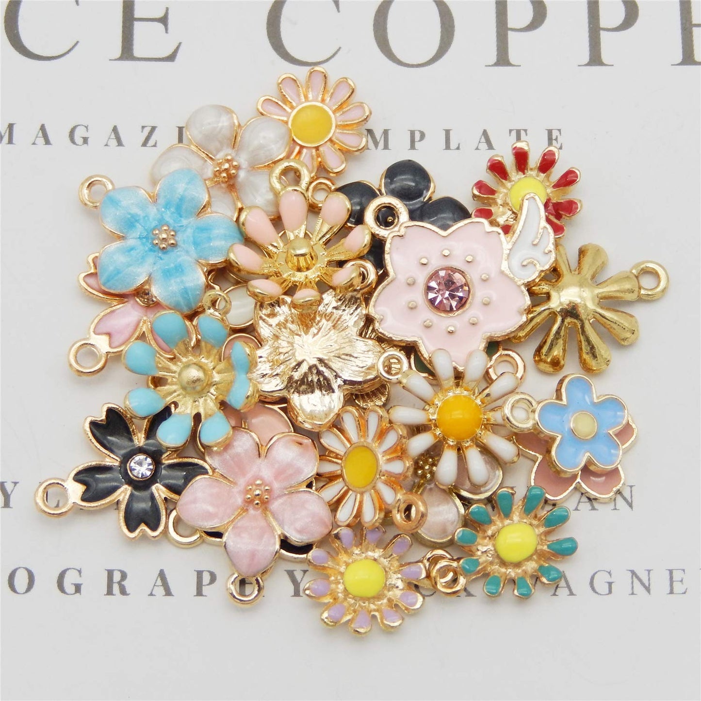 40pcs(20PAIRS) Assorted Gold Plated Enamel Flowers Dainty Dangle Mixed Pendants Charms for Earrings Jewelry Making Necklace Bracelet