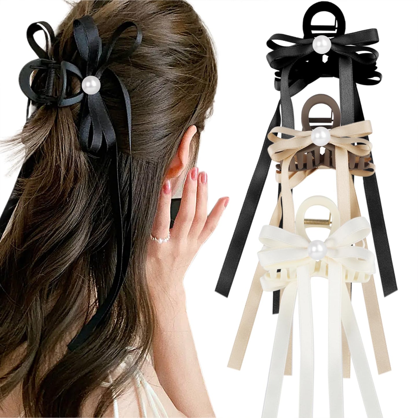 Women's Large Hair Accessories - Cute Bow-knot Clips, Long Tail Barrettes, Tassel Ribbon Claws, and Non-Slip Clamps in Black, Brown, and White