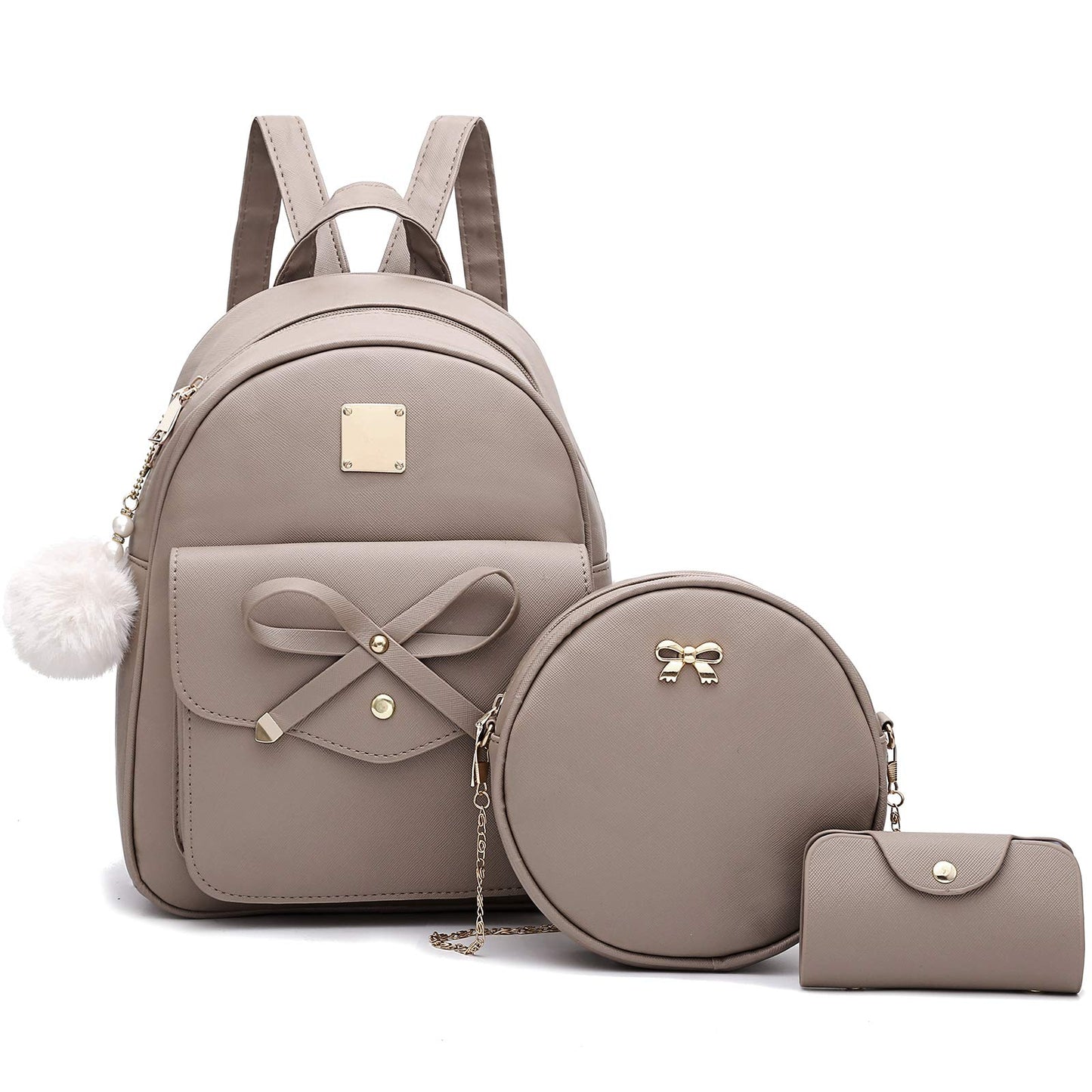 I IHAYNER Sac à dos en cuir tendance avec nœud papillon pour filles, 3 pièces, sac à dos pour femmes, sac à bandoulière 