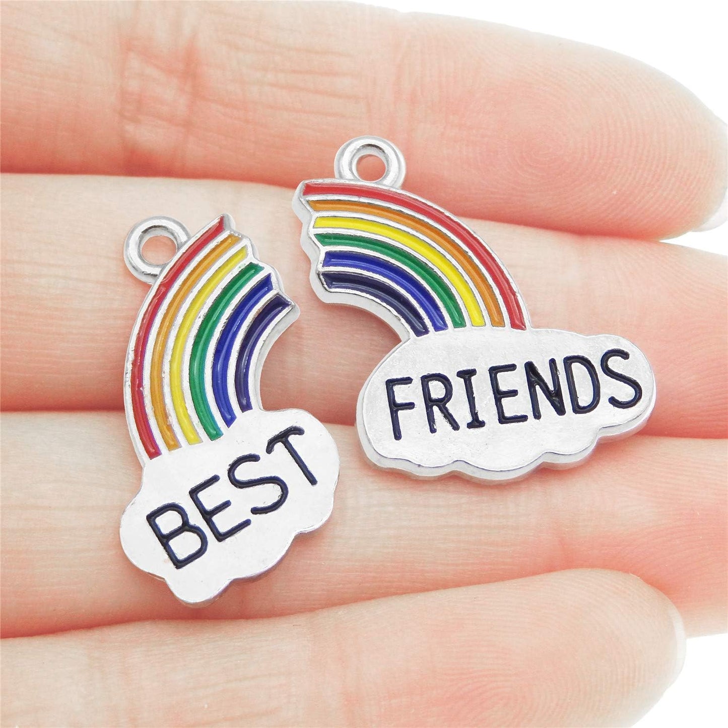 JJGQAZ 10 Pairs Mixed Rainbow BEST FRIENDS Enamel Silver Plated Charm Pendant for DIY Jewelry Making Necklace Bracelet Earring Jewelry Accessories Charms