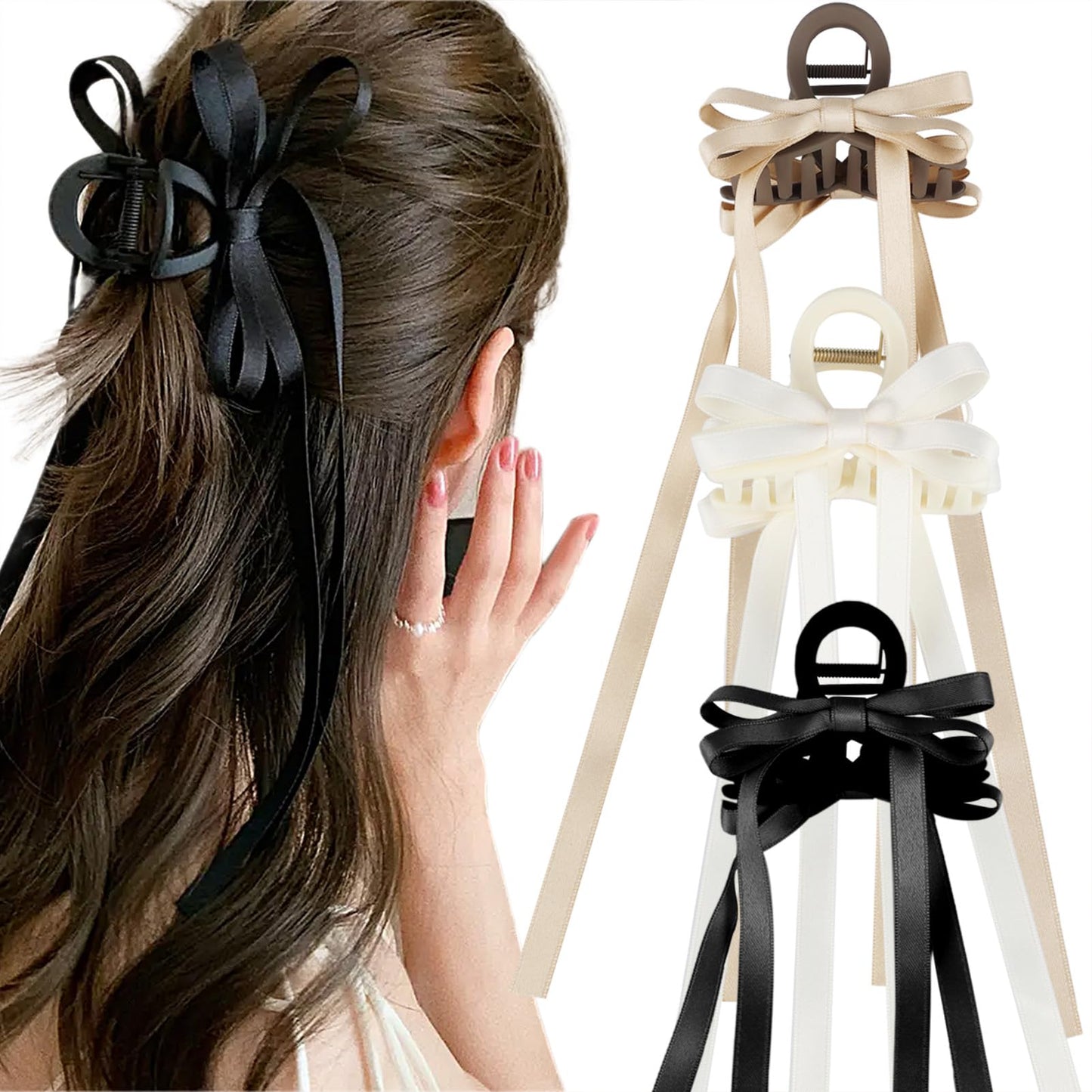 Women's Large Hair Accessories - Cute Bow-knot Clips, Long Tail Barrettes, Tassel Ribbon Claws, and Non-Slip Clamps in Black, Brown, and White