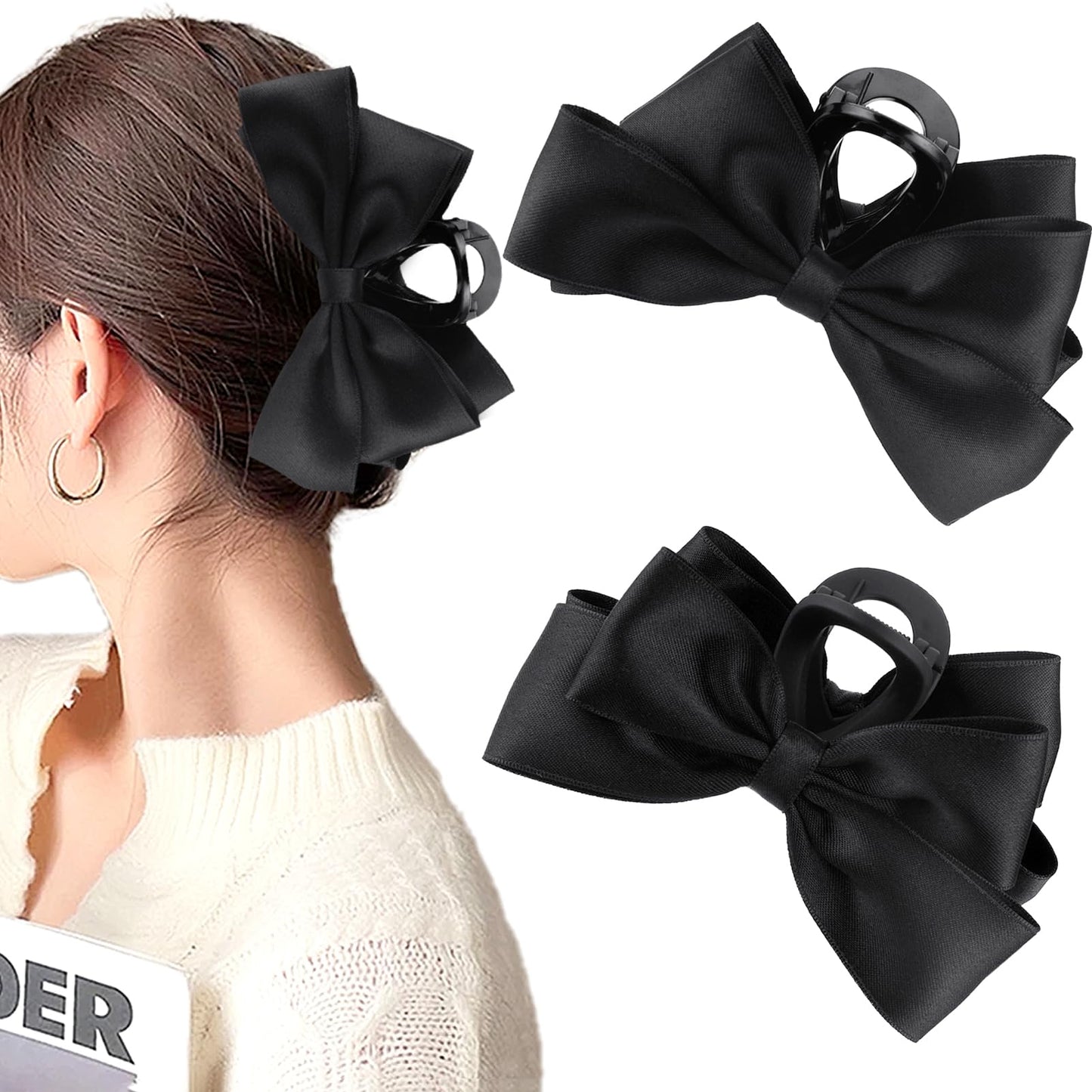 Women's Large Hair Accessories - Cute Bow-knot Clips, Long Tail Barrettes, Tassel Ribbon Claws, and Non-Slip Clamps in Black, Brown, and White