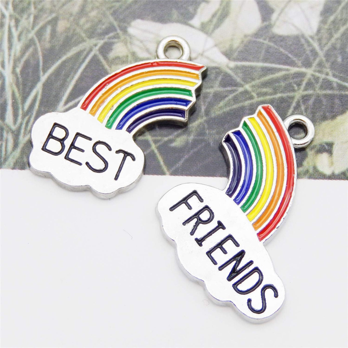 JJGQAZ 10 Pairs Mixed Rainbow BEST FRIENDS Enamel Silver Plated Charm Pendant for DIY Jewelry Making Necklace Bracelet Earring Jewelry Accessories Charms