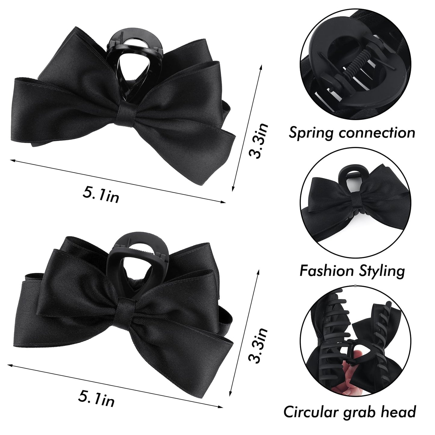 Women's Large Hair Accessories - Cute Bow-knot Clips, Long Tail Barrettes, Tassel Ribbon Claws, and Non-Slip Clamps in Black, Brown, and White