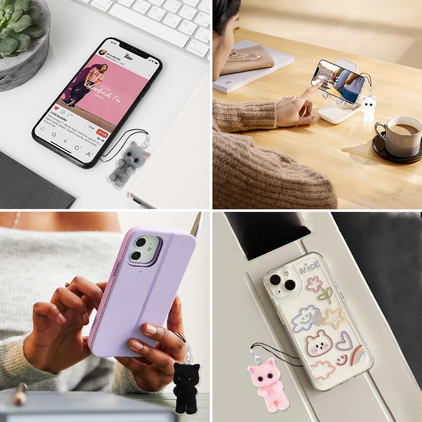 4Pcs Cute Phone Charms Y2K Pink Cell Phone Charms for Case Kawaii Car Phone Charm Kit Black Charms for Phone Blue Phone Keychain Charm Aesthetic Accessories for Phone Bag Airpods Camera Pendant